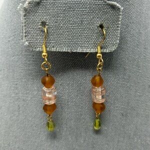 Long Brown, Green & Gold Textured Sparkle Beaded Dangle Earrings Gold Tone Hook